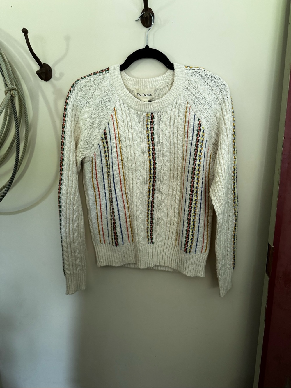 Cream Cable-Knit Sweater with Multicolor Vertical Stripes
